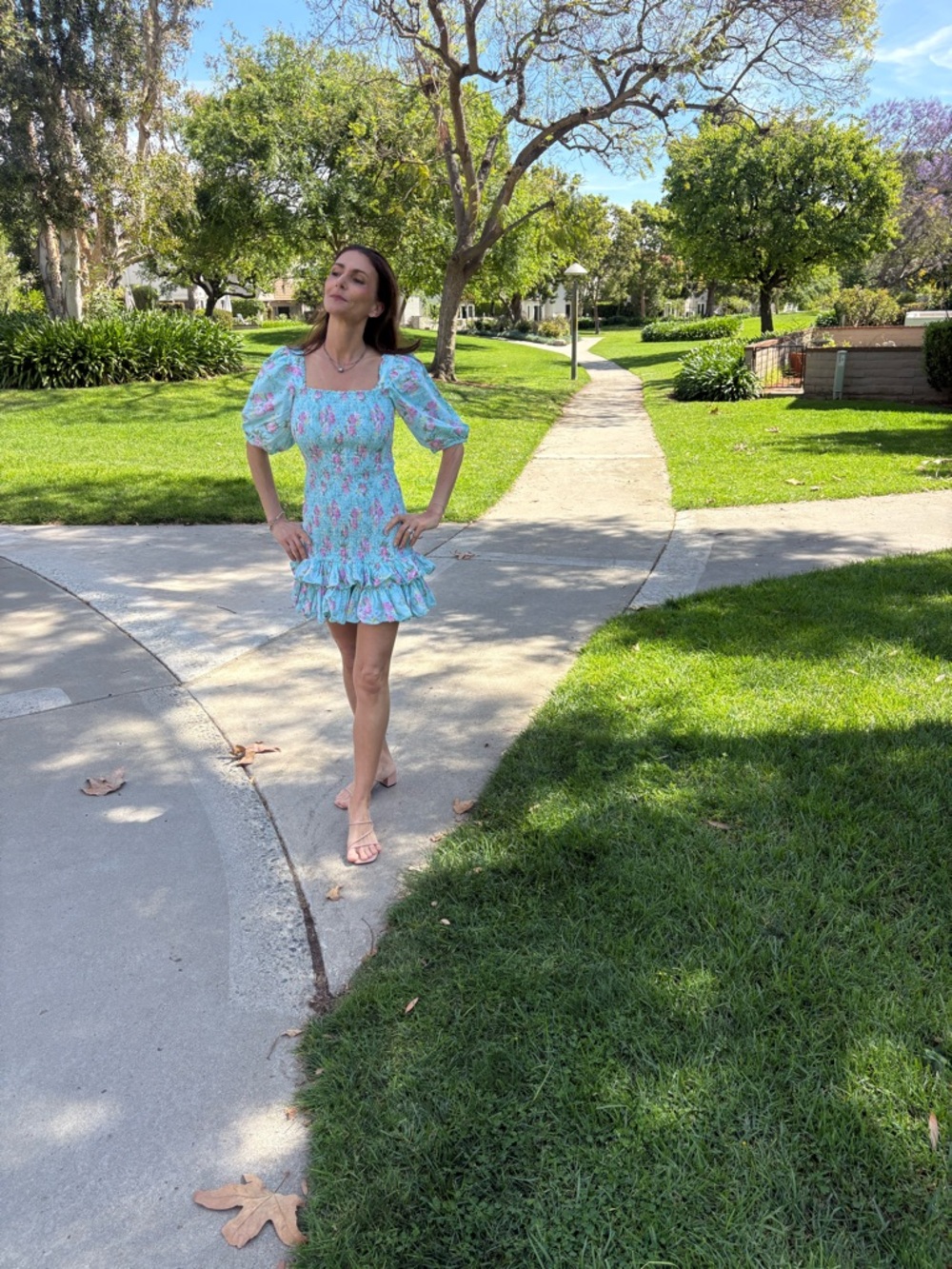 BYTIMO Dropped Waist Camelia Shirred Floral-print Cotton Mini Dress Turquoise M - Picture 12 of 12